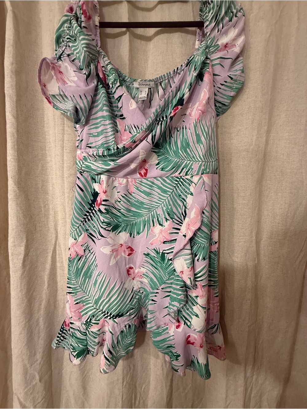 Revamped Lavender One-Piece with Green Palm Print and Pink Floral Accents